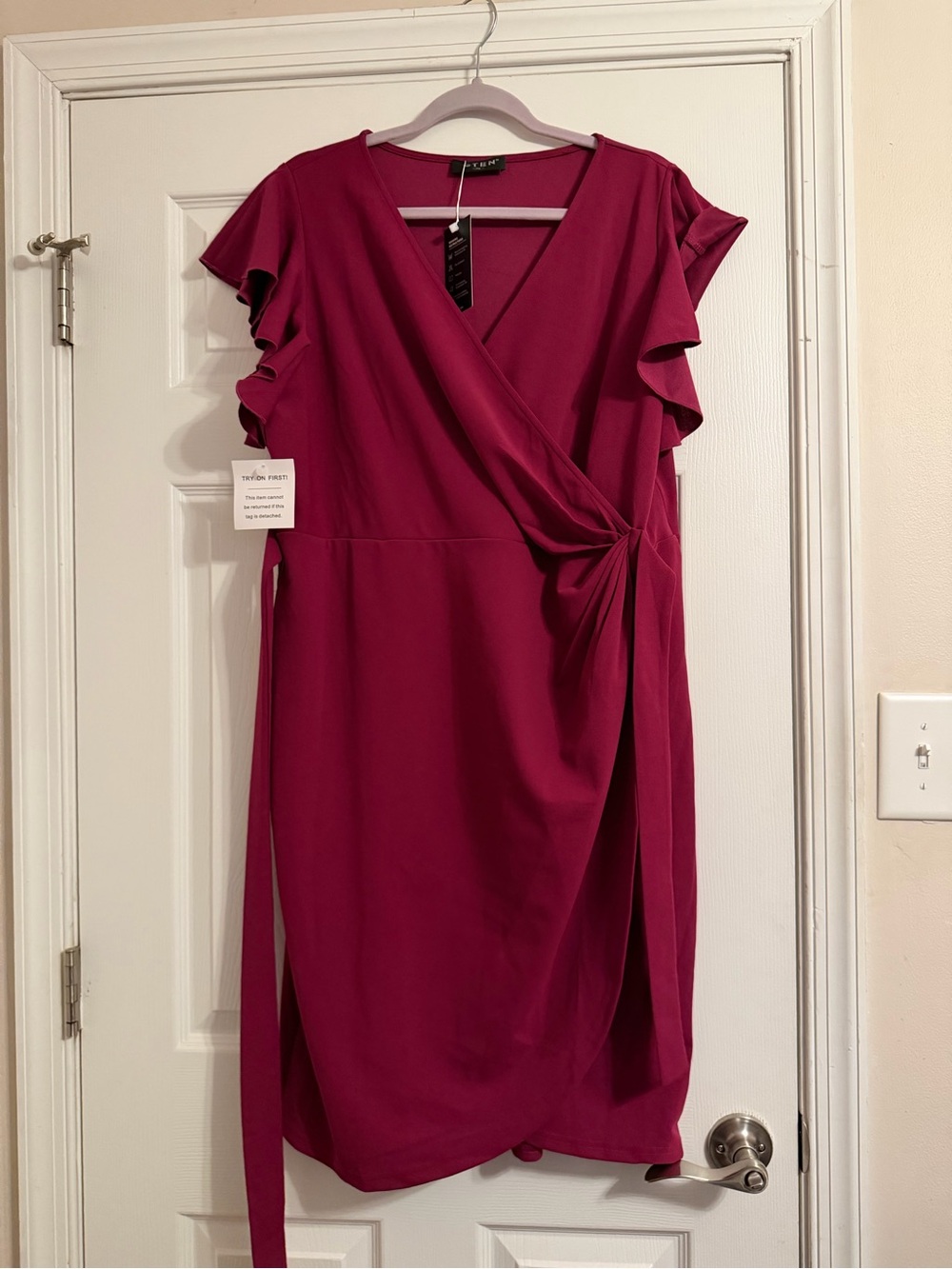 City Chic Fuchsia Wrap-Style Midi Dress with Ruffle Sleeves